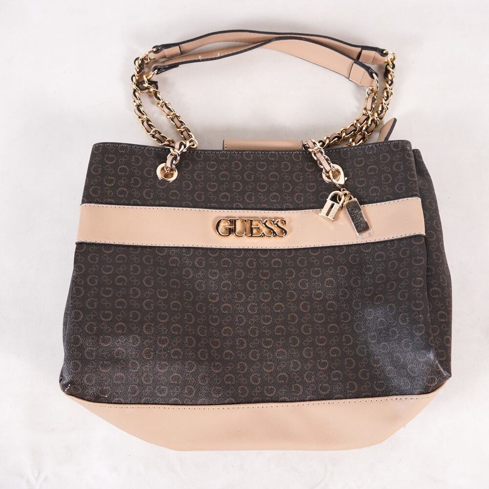 Guess Messenger Bag Satchel Shoulder Handbag Purse Chain Strap Tote Tan Brown
